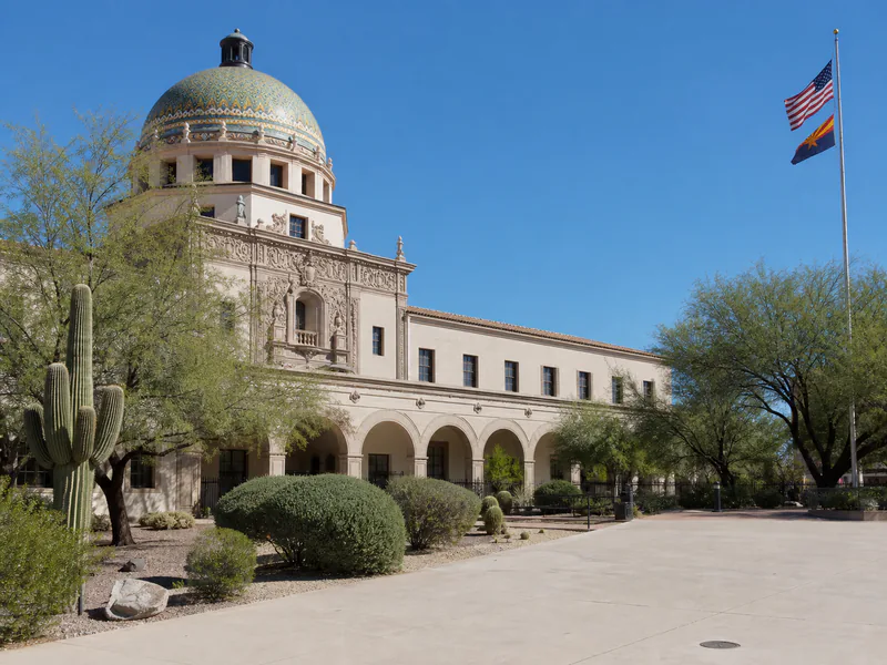 Tiled dome and courtyard of the historic Pima County Courthouse in Tucson