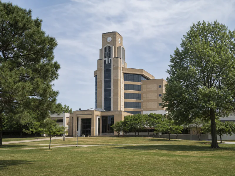 Dean B. Ellis Library brick clock tower at Arkansas State University in Jonesboro