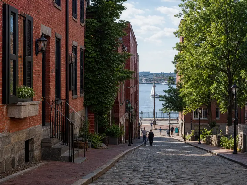 Red-brick Boston neighborhood street descending toward the waterfront