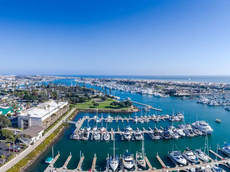 Channel Islands Harbor marina and the Pacific coastline in Oxnard