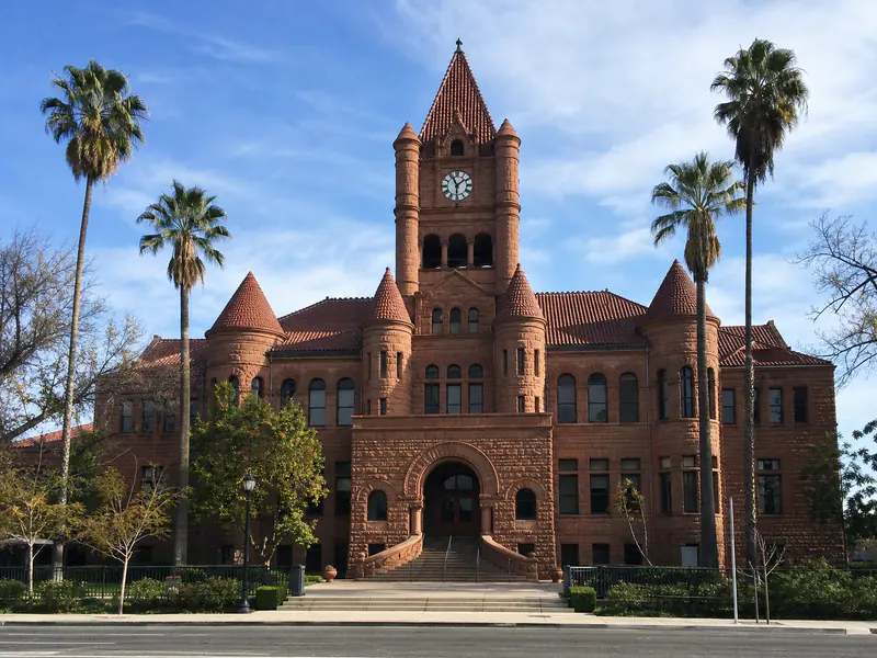 Historic Old Orange County Courthouse facade in Santa Ana