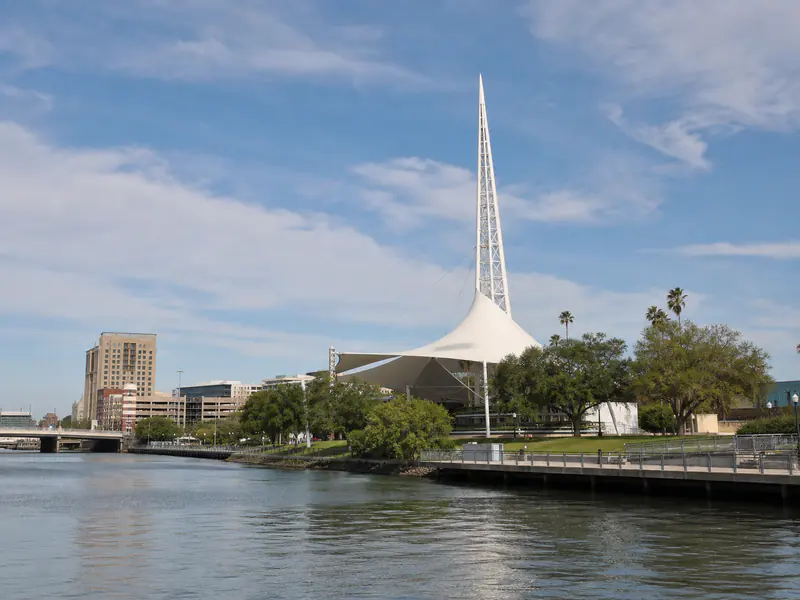 Weber Point Events Center spire and waterfront in Stockton