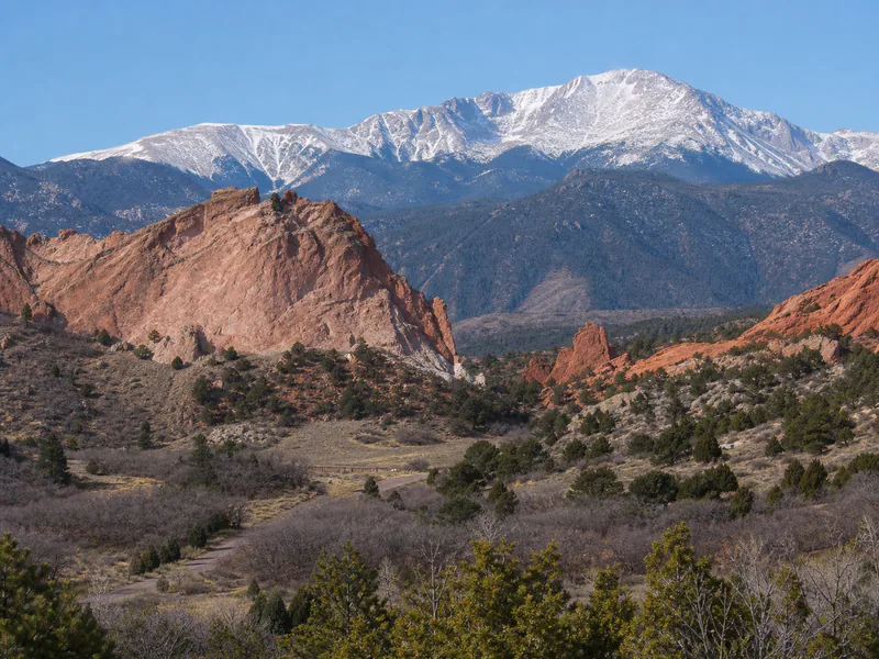 Garden of the Gods red-rock formations with Pikes Peak near Colorado Springs