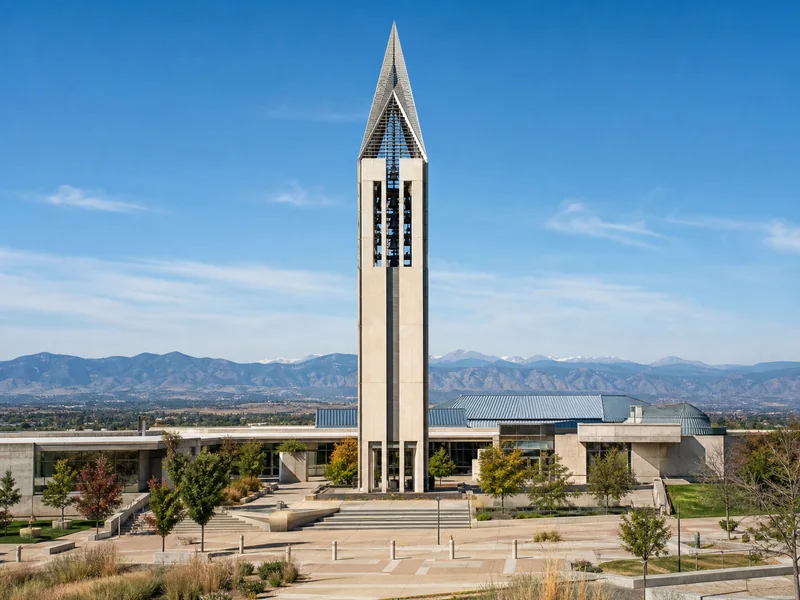 Carillon bell tower and pyramid spire of Westminster City Hall with the Front Range beyond
