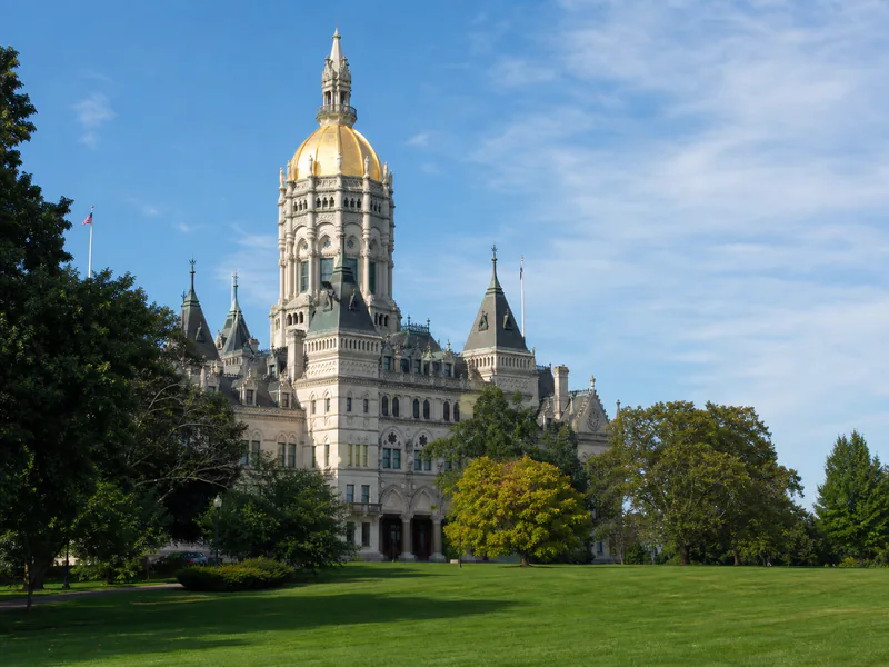 Gold dome and grounds of the Connecticut State Capitol in Hartford