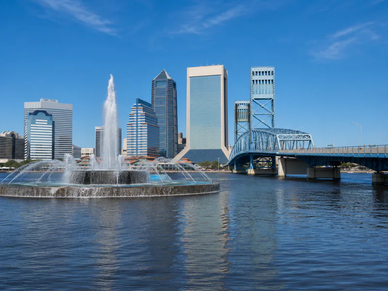 Friendship Fountain with the Main Street Bridge and Jacksonville skyline
