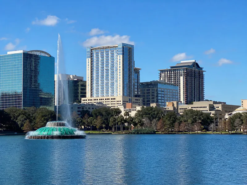 Lake Eola fountain with the downtown Orlando skyline