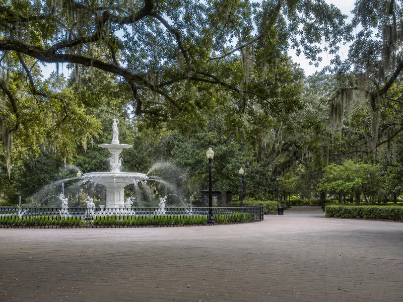 Forsyth Park fountain beneath live oaks and Spanish moss in Savannah