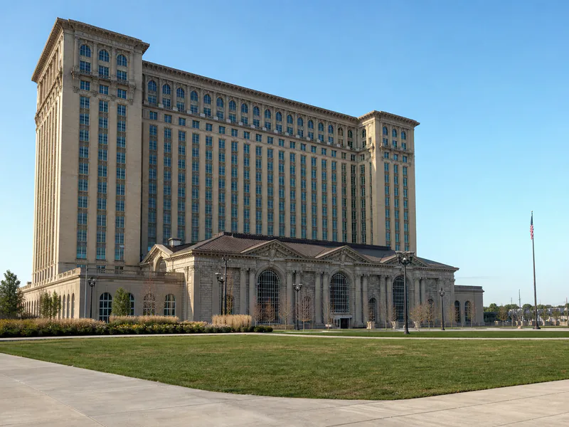 Restored Beaux-Arts facade of Michigan Central Station in Detroit