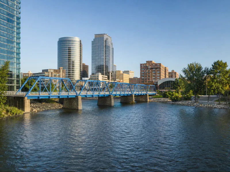 Blue Bridge over the Grand River with downtown Grand Rapids