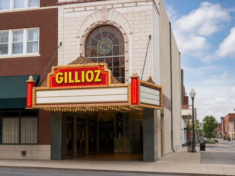 Historic Gillioz Theatre facade and vertical sign in Springfield