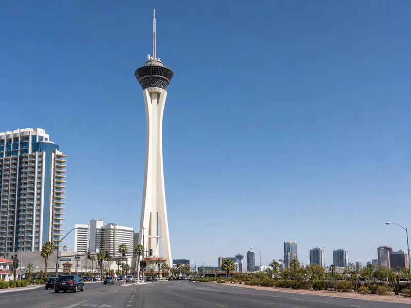 STRAT tower from a realistic Las Vegas Boulevard viewpoint
