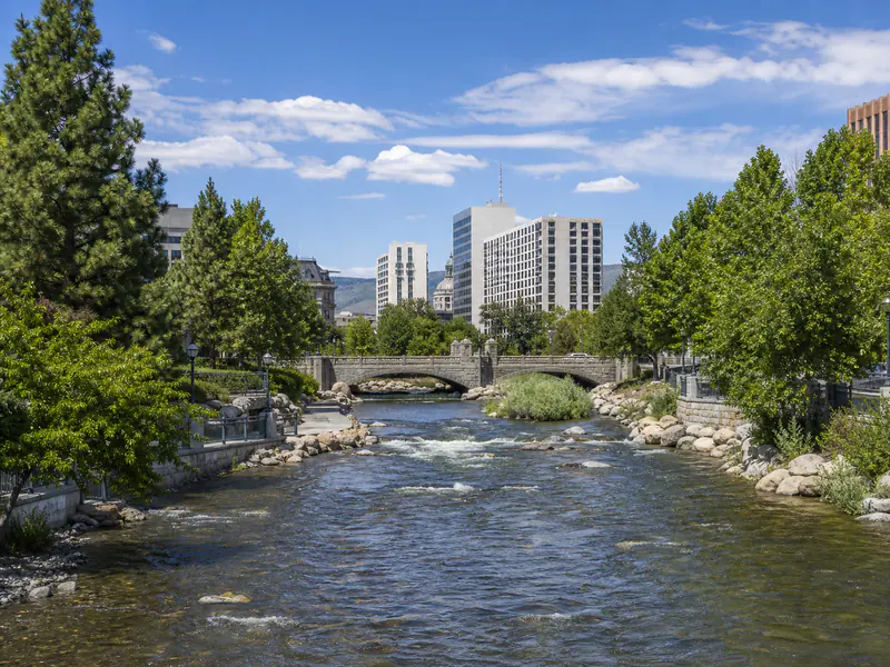 Truckee River flowing through Wingfield Park in downtown Reno