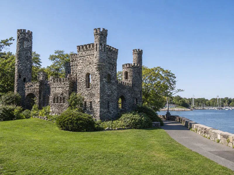 Historic castle-like harbor structures at Glen Island in New Rochelle