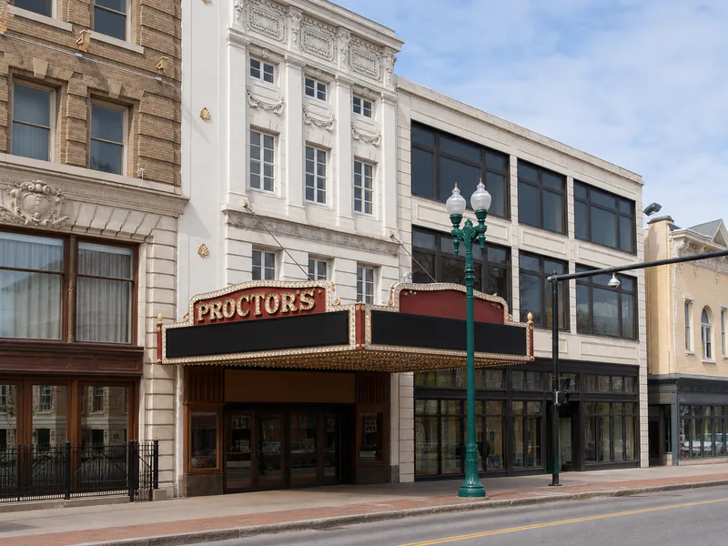 Historic Proctors Theatre facade and permanent sign in Schenectady