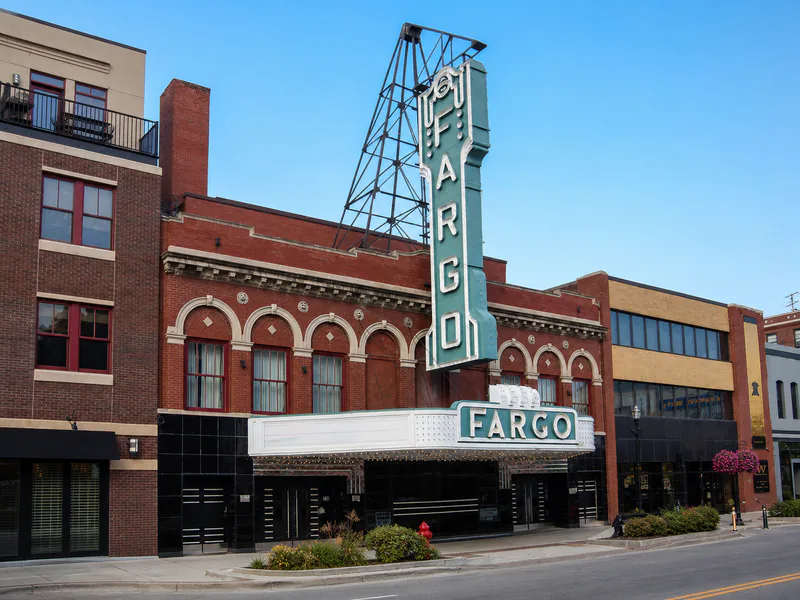 Art Deco Fargo Theatre facade with its permanent vertical FARGO sign