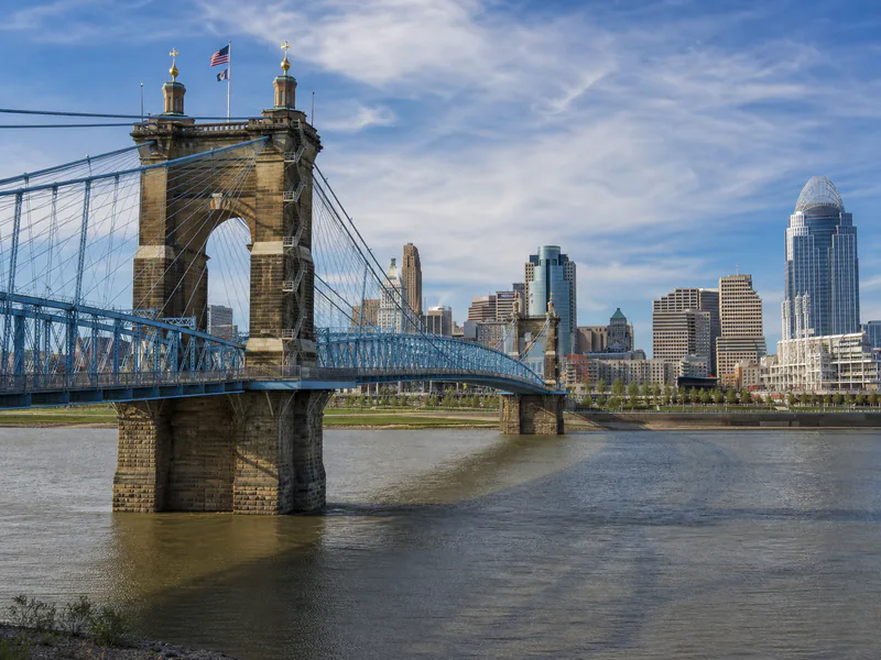 John A. Roebling Suspension Bridge with the Cincinnati skyline