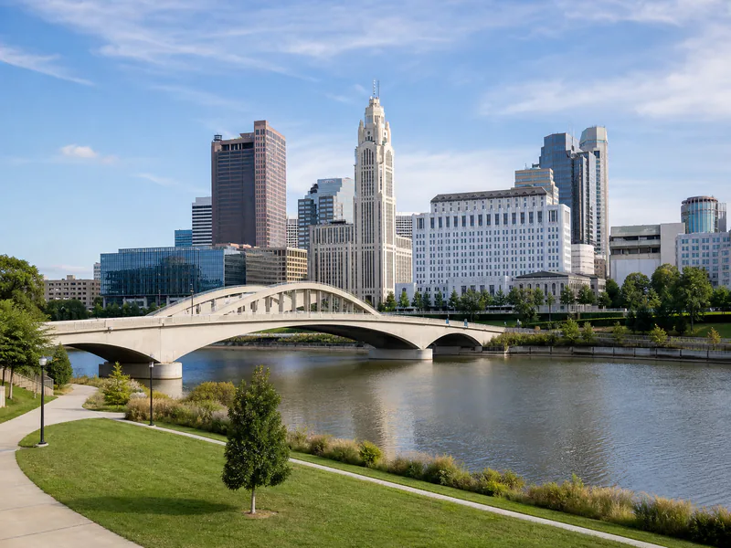 Scioto Mile with the Main Street Bridge and LeVeque Tower in Columbus