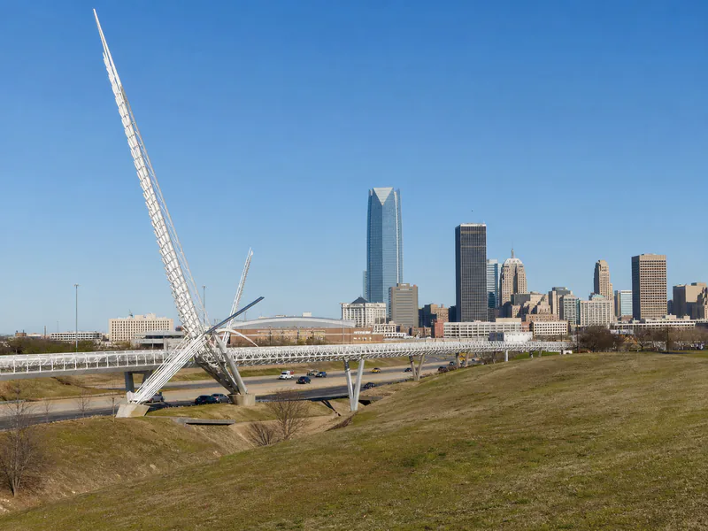 Skydance Bridge and the downtown Oklahoma City skyline