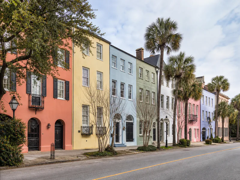 Accurately colored historic facades of Rainbow Row in Charleston