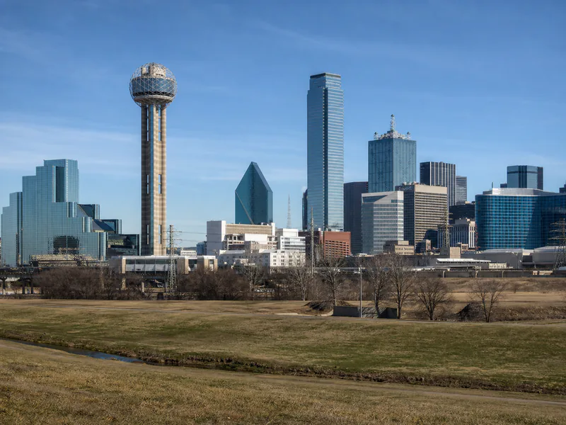 Reunion Tower and downtown Dallas skyline from the Trinity River side