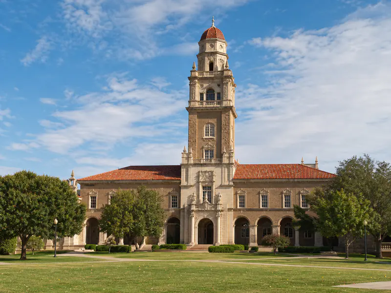 Texas Tech Administration Building tower and campus lawn in Lubbock