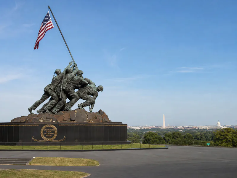 Marine Corps War Memorial with a restrained Washington skyline from Arlington