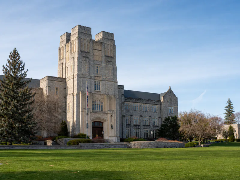 Burruss Hall and its central tower at Virginia Tech in Blacksburg